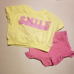 Yellow 'Smile' Crop Top & Pink Ruffle Shorts Kids Matching Set